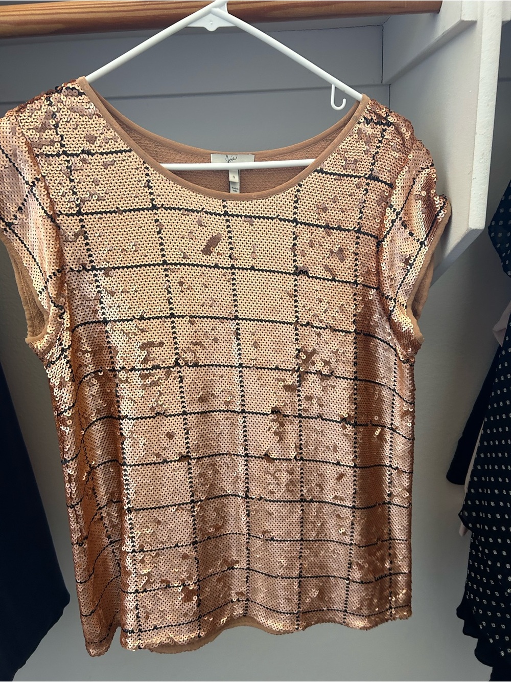Joie Rose Gold Sequin Short Sleeve Grid Top
